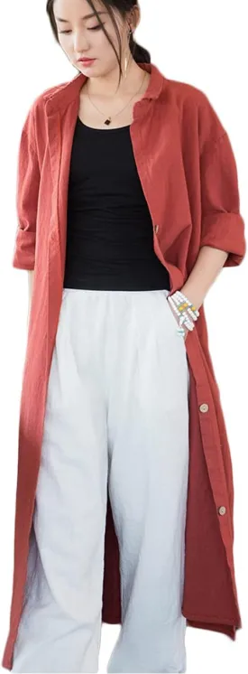 NFYM Women Casual Cotton Linen Lapel Shirt Trench Coats Lightweight Loose Button Up Pockets Long Maxi Shirt Jacket Shacket