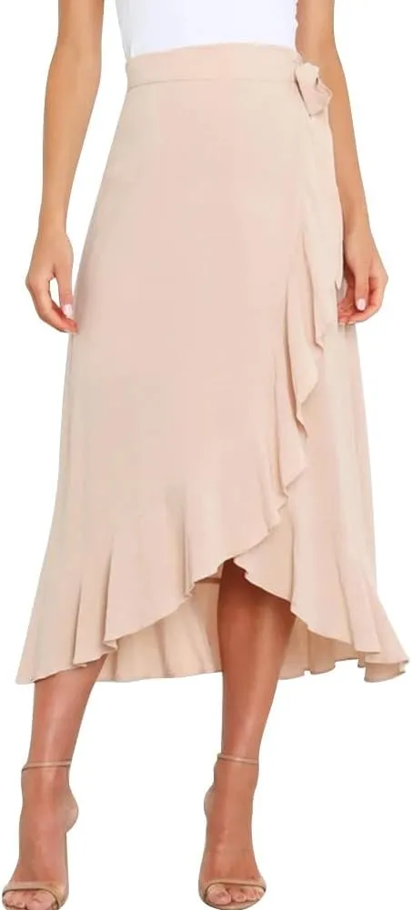 ODIZLI Women's Wrap Skirt High Waist Irregular High-Low Hemline Tie Waist Ruffle A-line Midi Skirt