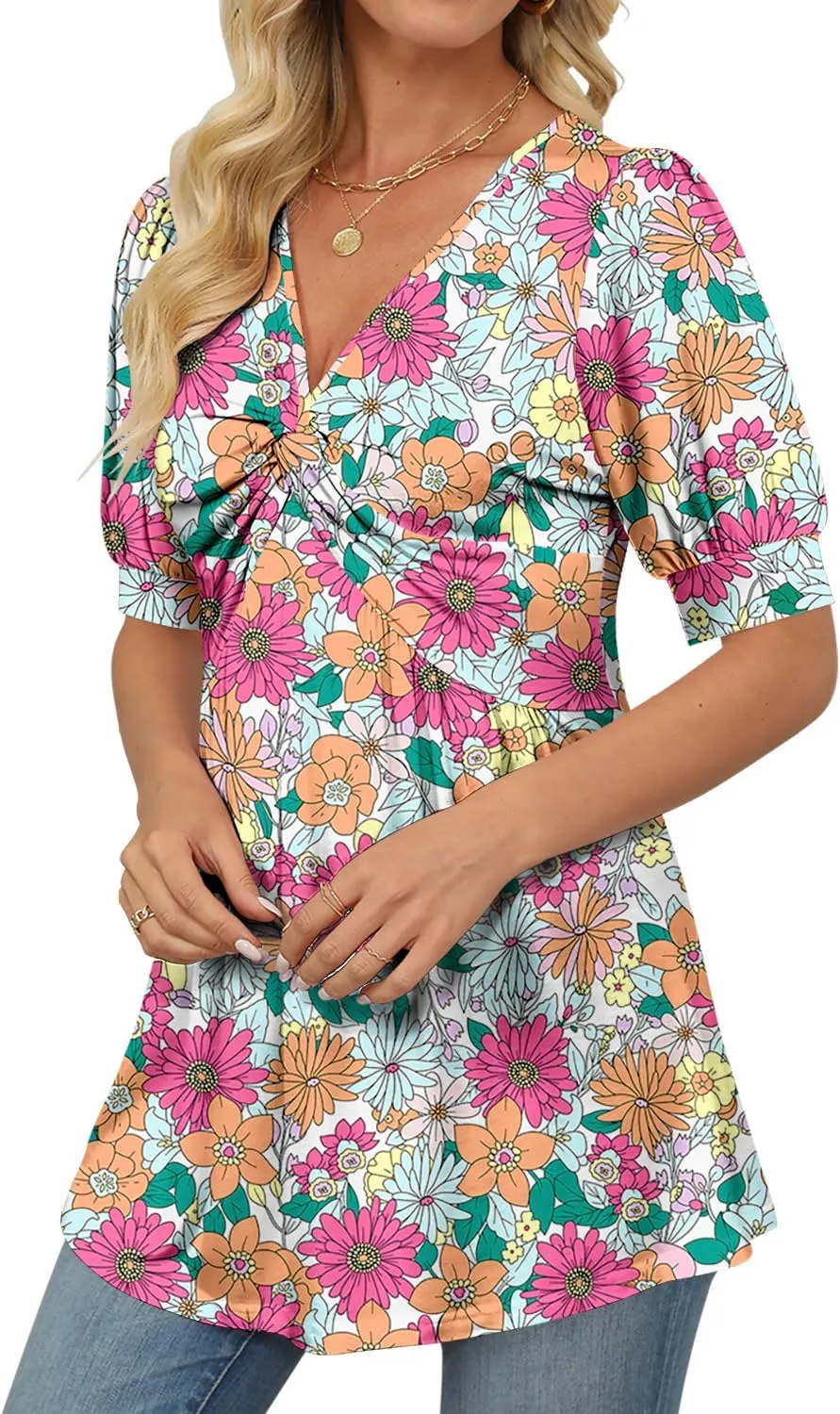 ONLYSHE Womens V Neck Shirts Short Sleeve Tops Front Knotted T Shirt Casual Solid&Floral Tunic Summer Henley Tees Blouse