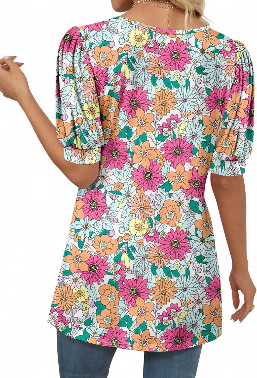 ONLYSHE Womens V Neck Shirts Short Sleeve Tops Front Knotted T Shirt Casual Solid&Floral Tunic Summer Henley Tees Blouse