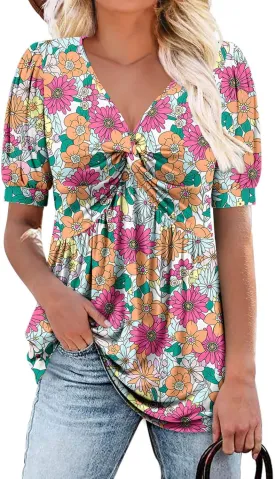 ONLYSHE Womens V Neck Shirts Short Sleeve Tops Front Knotted T Shirt Casual Solid&Floral Tunic Summer Henley Tees Blouse