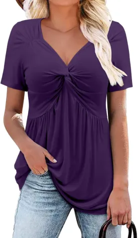 ONLYSHE Womens V Neck Shirts Short Sleeve Tops Front Knotted T Shirt Casual Solid&Floral Tunic Summer Henley Tees Blouse
