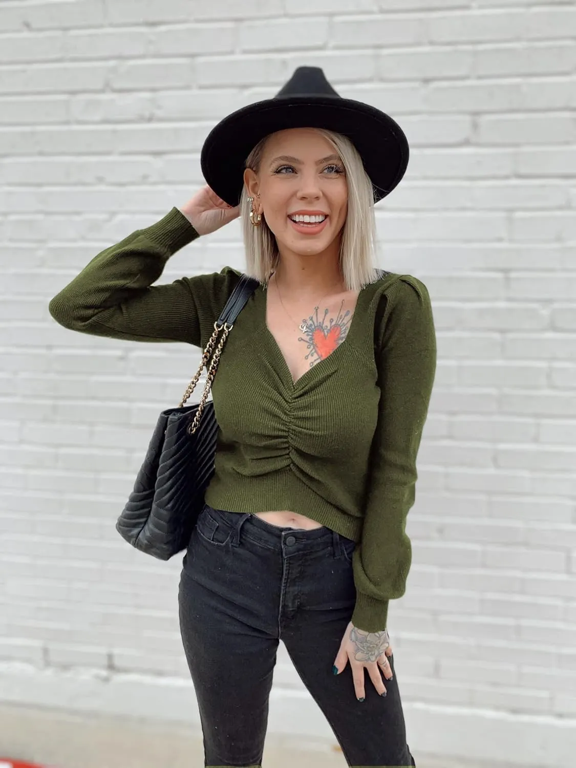 PRETTYGARDEN Fall Long Sleeve Cropped Sweaters for Women 2024 Off The Shoulder V Neck Ruched Ribbed Knit Going Out Tops