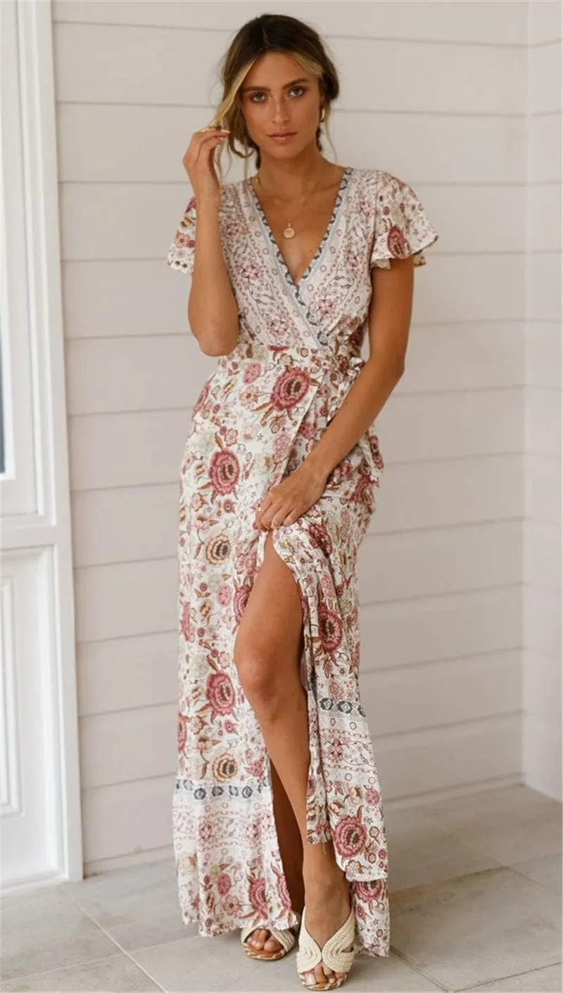 PRETTYGARDEN Women Boho Summer Side Split Deep V Neck Short Sleeves Maxi Dress with Belt