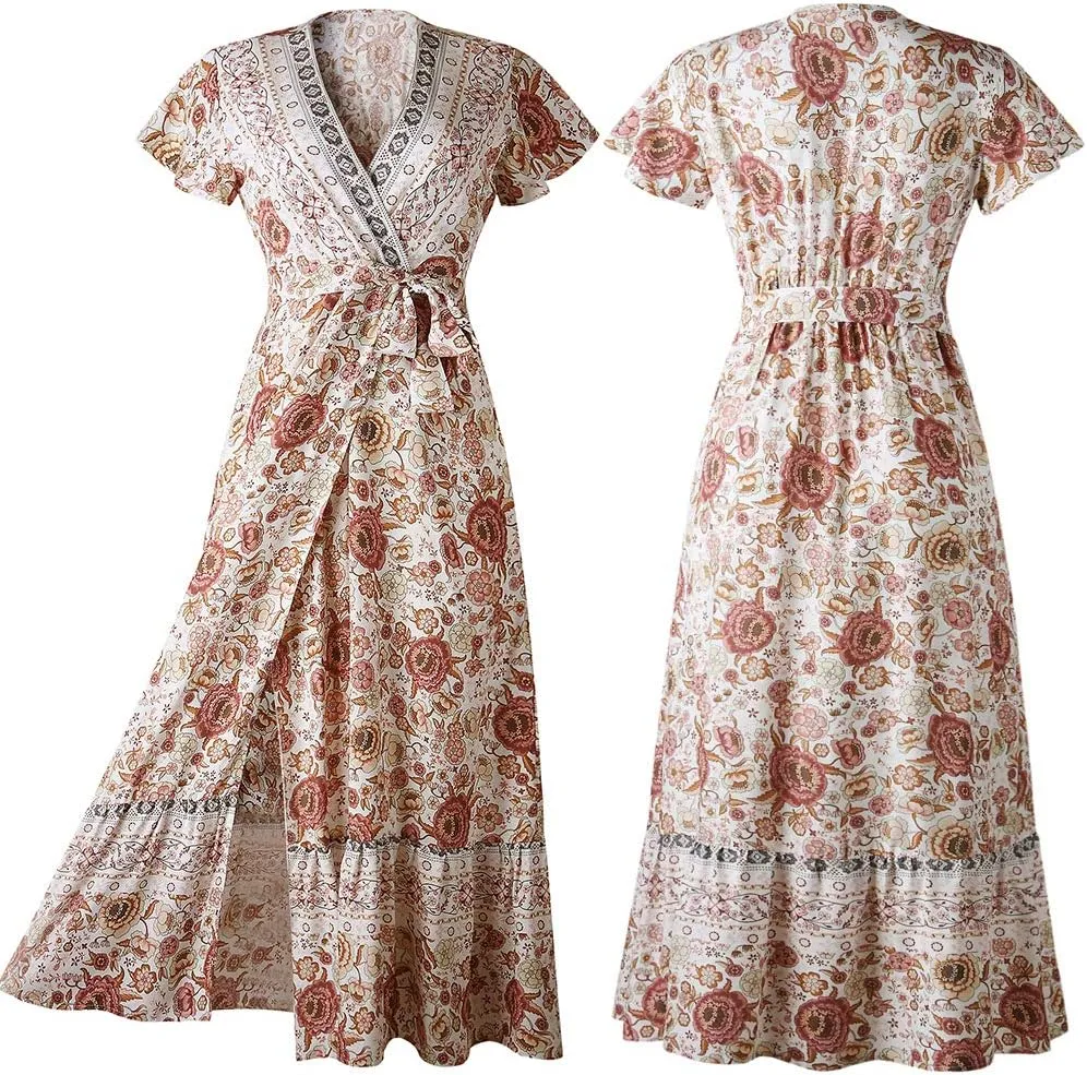 PRETTYGARDEN Women Boho Summer Side Split Deep V Neck Short Sleeves Maxi Dress with Belt