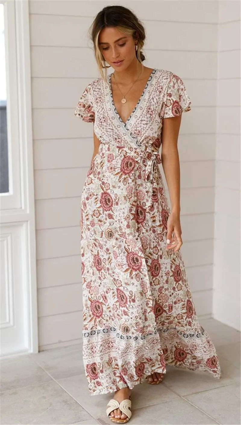 PRETTYGARDEN Women Boho Summer Side Split Deep V Neck Short Sleeves Maxi Dress with Belt