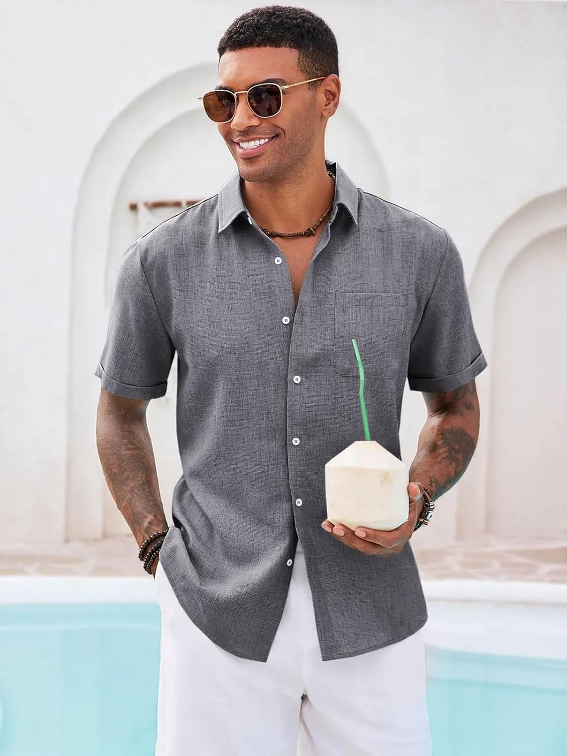 Runcati Mens Button Down Shirt Short Sleeve Casual Summer Beach Wedding Tops