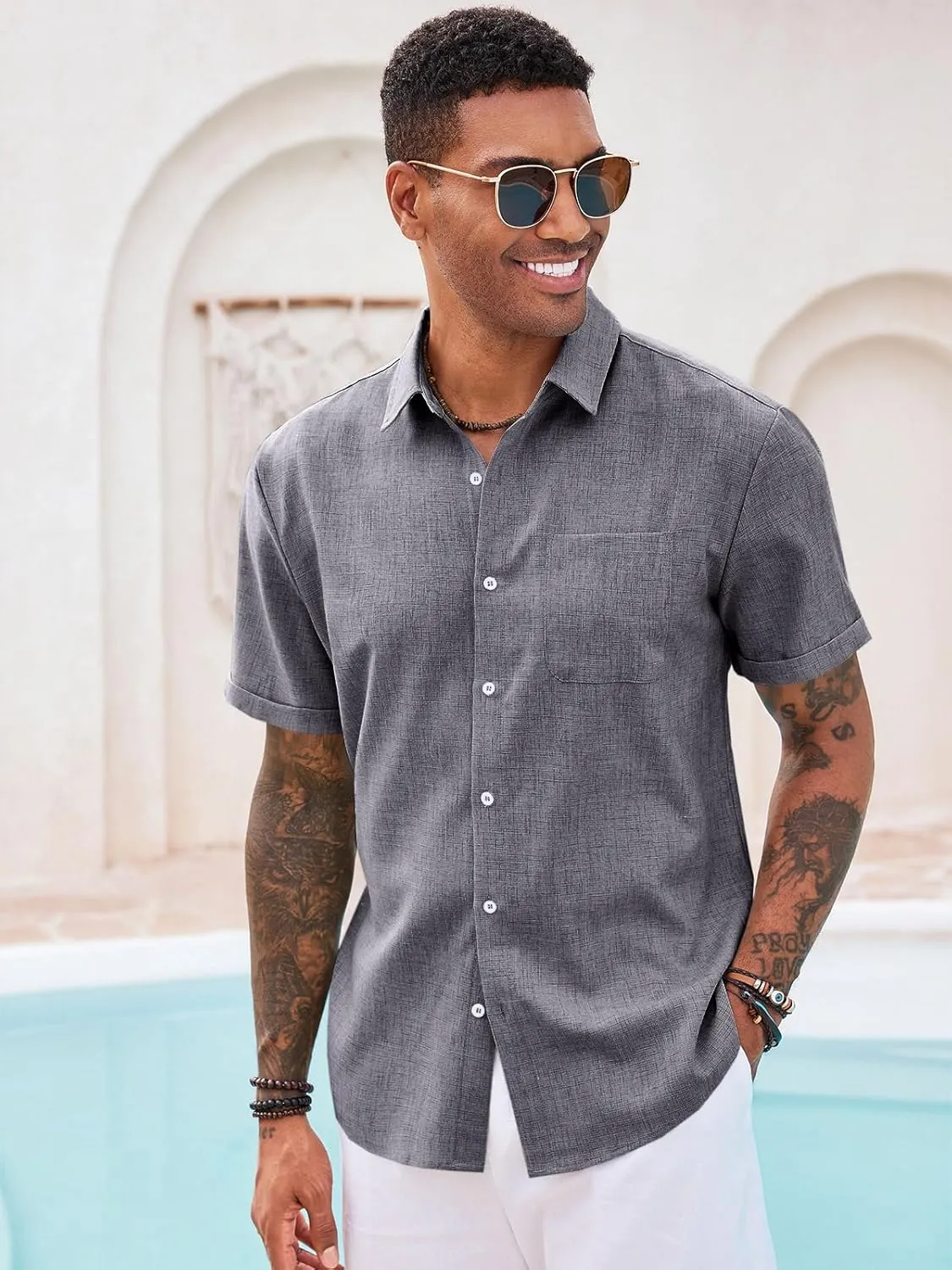 Runcati Mens Button Down Shirt Short Sleeve Casual Summer Beach Wedding Tops
