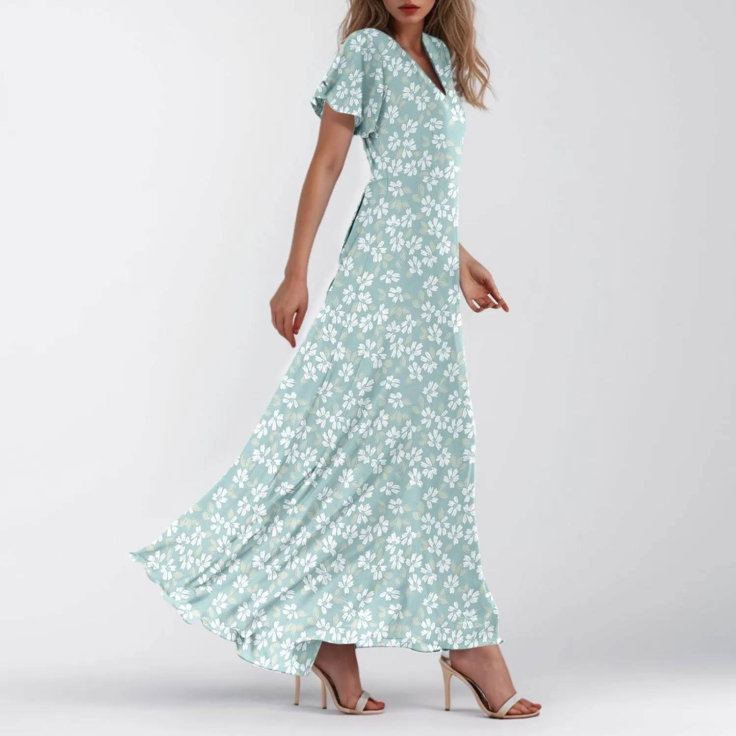 Summer Dresses for Women 2025 Swing Flowy Ruffle Hem Swing Maxi Dress Ruffle Short Sleeve