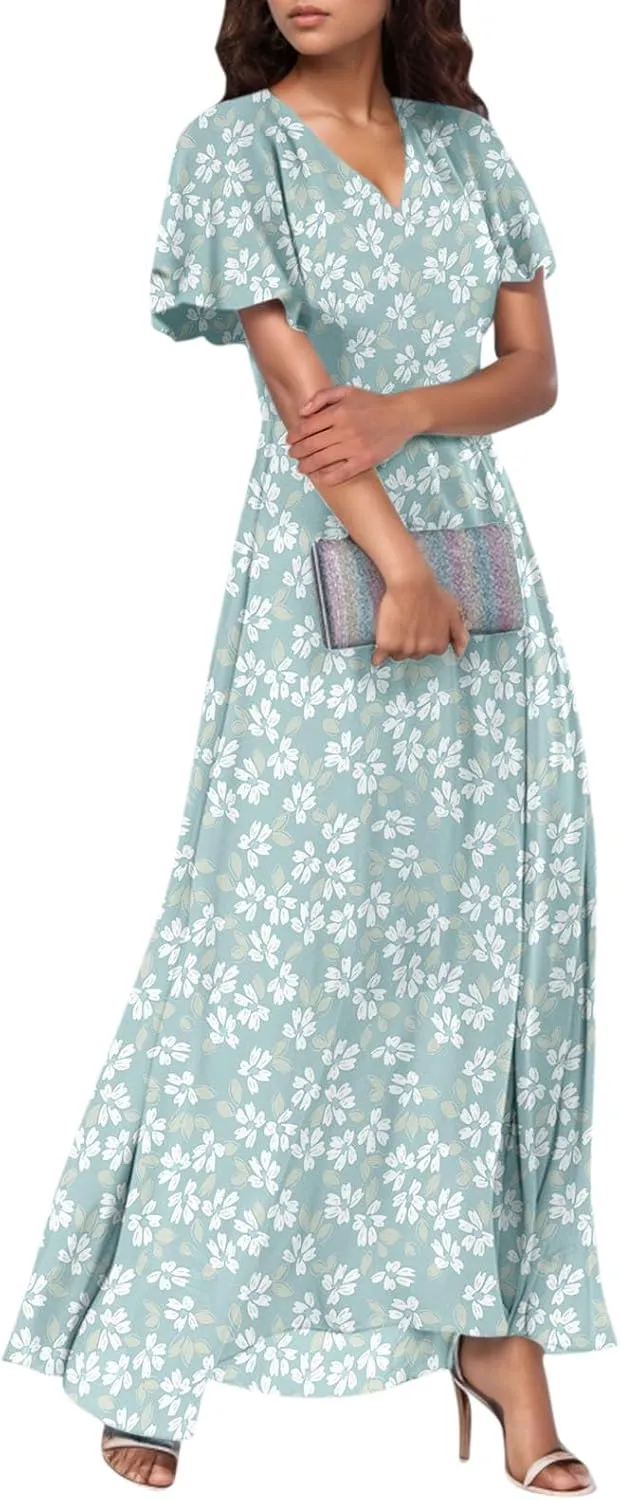 Summer Dresses for Women 2025 Swing Flowy Ruffle Hem Swing Maxi Dress Ruffle Short Sleeve