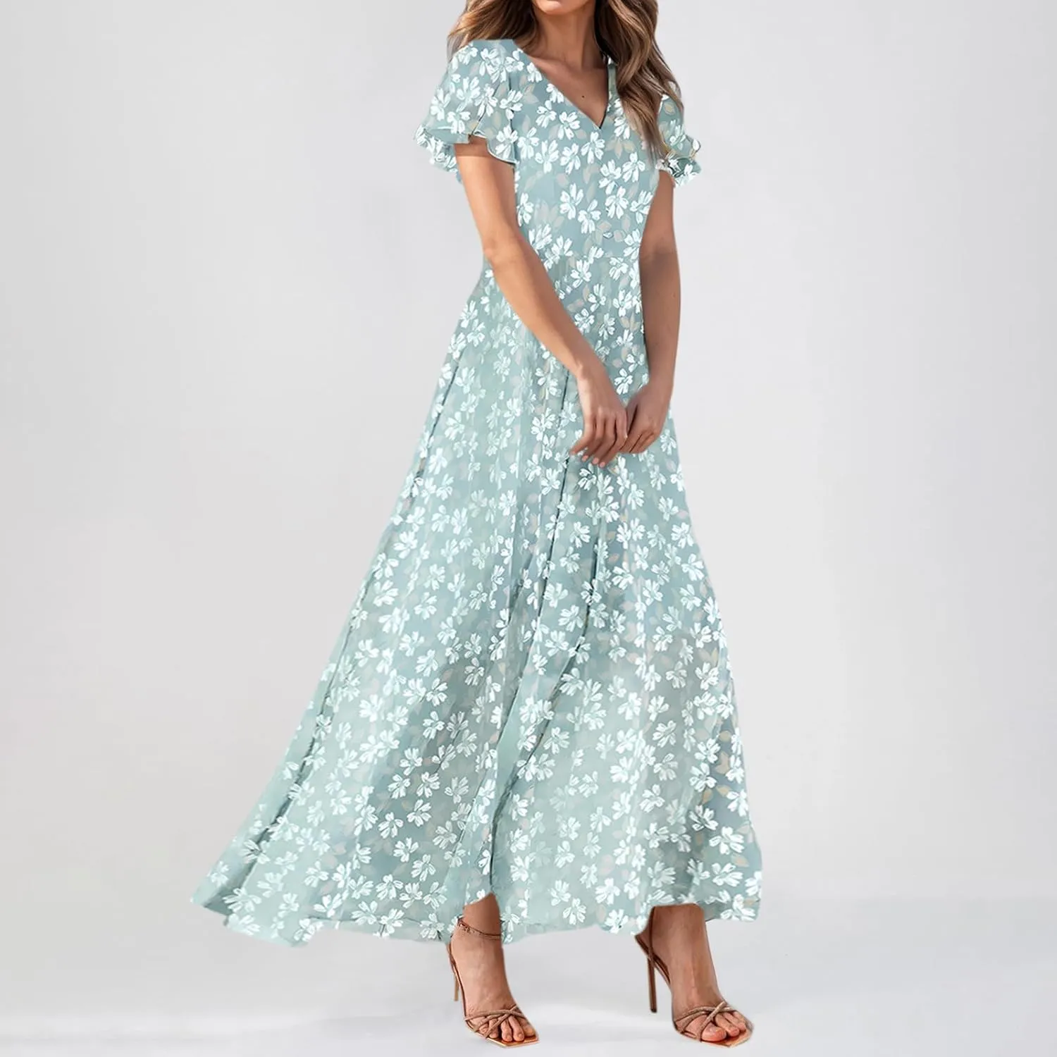 Summer Dresses for Women 2025 Swing Flowy Ruffle Hem Swing Maxi Dress Ruffle Short Sleeve