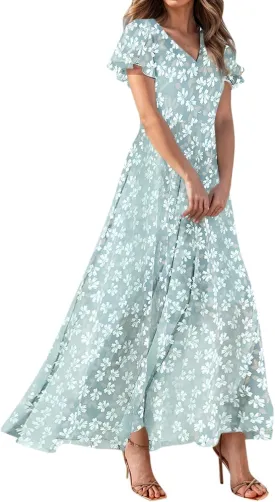 Summer Dresses for Women 2025 Swing Flowy Ruffle Hem Swing Maxi Dress Ruffle Short Sleeve