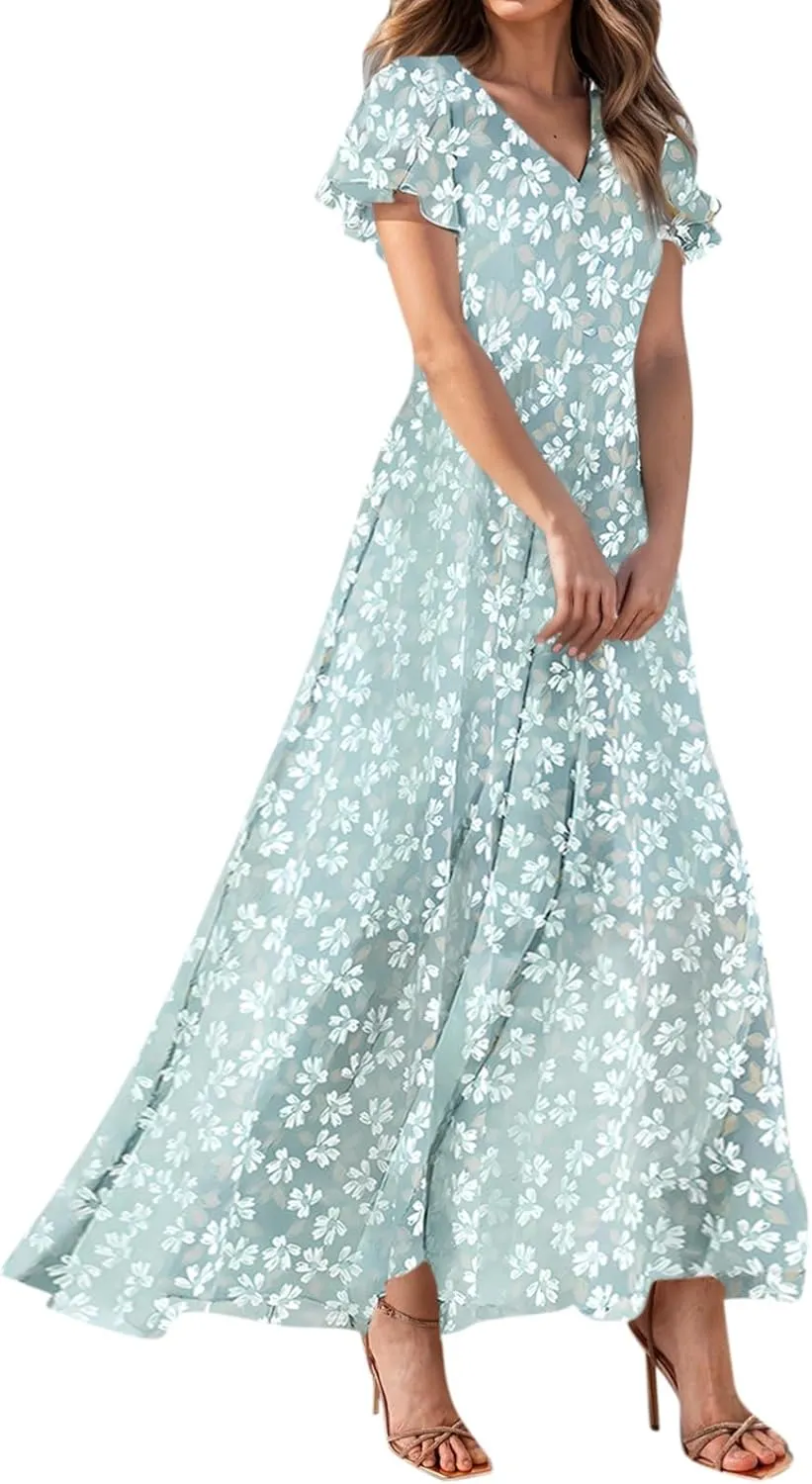 Summer Dresses for Women 2025 Swing Flowy Ruffle Hem Swing Maxi Dress Ruffle Short Sleeve
