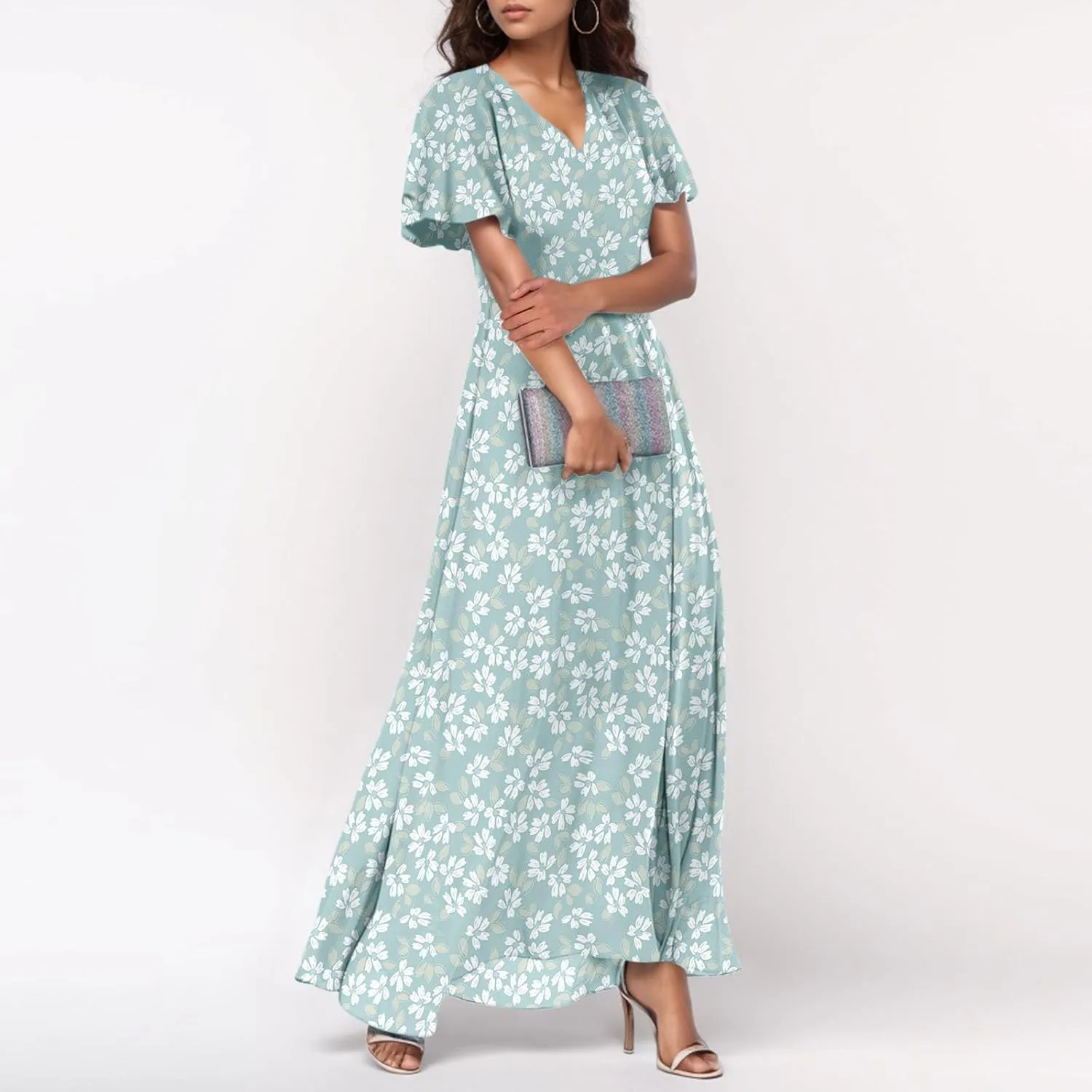 Summer Dresses for Women 2025 Swing Flowy Ruffle Hem Swing Maxi Dress Ruffle Short Sleeve