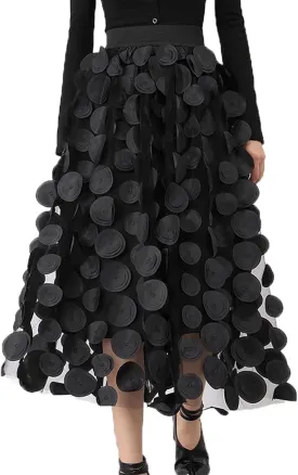 Tulle Midi Skirt Women Elastic Waist 3D Polka Dot Ruffle Skirt Mesh Layered Tutu Long A-Line Party Skirt