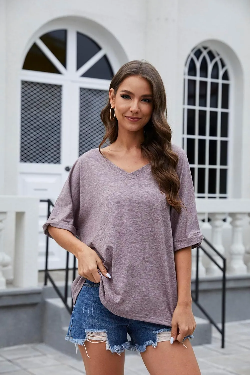 UNCLECAT Women's V Neck Oversized T-Shirts Summer Short Sleeve Shirts Loose Casual Tops Tee