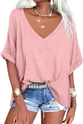UNCLECAT Women's V Neck Oversized T-Shirts Summer Short Sleeve Shirts Loose Casual Tops Tee