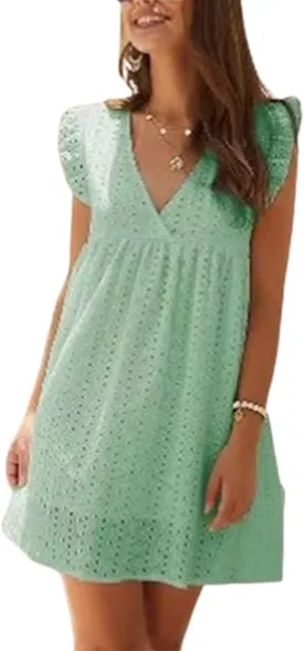 V-Neck Dress Romper with PocketsDress with Shorts Underneath,Eyelet Dress for Women,Ruffle Sleeve with Line