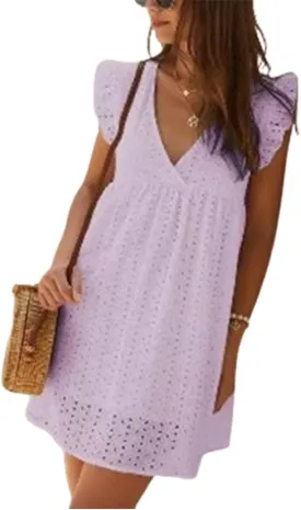 V-Neck Dress Romper with PocketsDress with Shorts Underneath,Eyelet Dress for Women,Ruffle Sleeve with Line