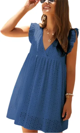 V-Neck Dress Romper with PocketsDress with Shorts Underneath,Eyelet Dress for Women,Ruffle Sleeve with Line