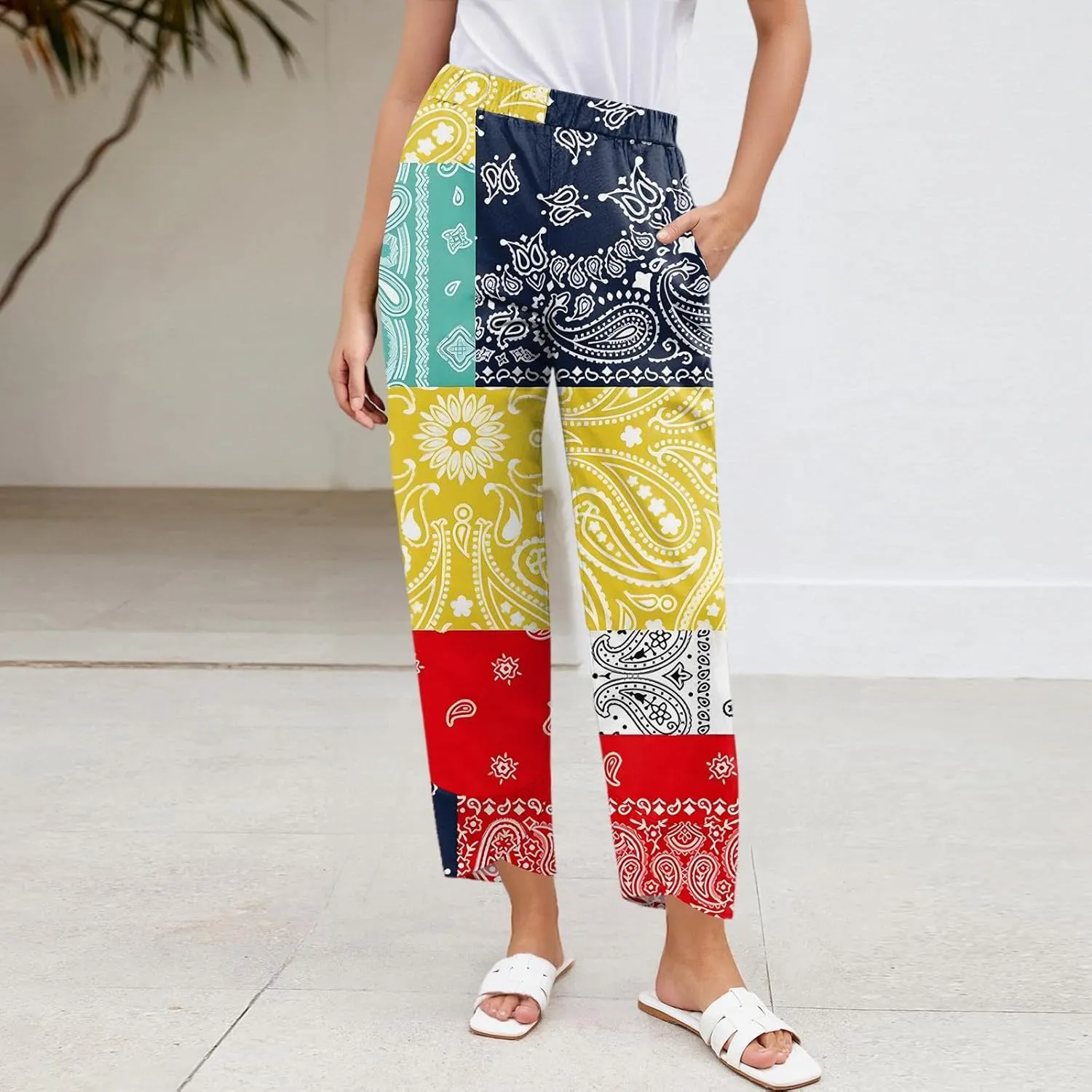 Wide Leg Linen Pants for Women Cropped Summer Palazzo Pant Casual Ankle Length Trousers Beach Vacation Outfits