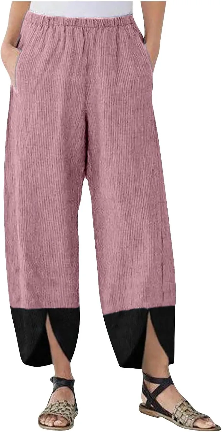 Women Baggy Corduroy Pants Loose Fit High Waist Fall Pant Elastic Waist Color Block Trousers Comfy Slit Slacks