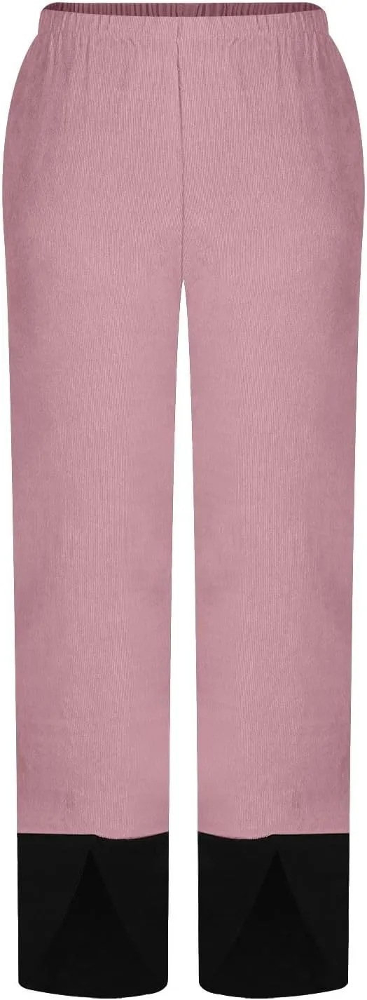 Women Baggy Corduroy Pants Loose Fit High Waist Fall Pant Elastic Waist Color Block Trousers Comfy Slit Slacks