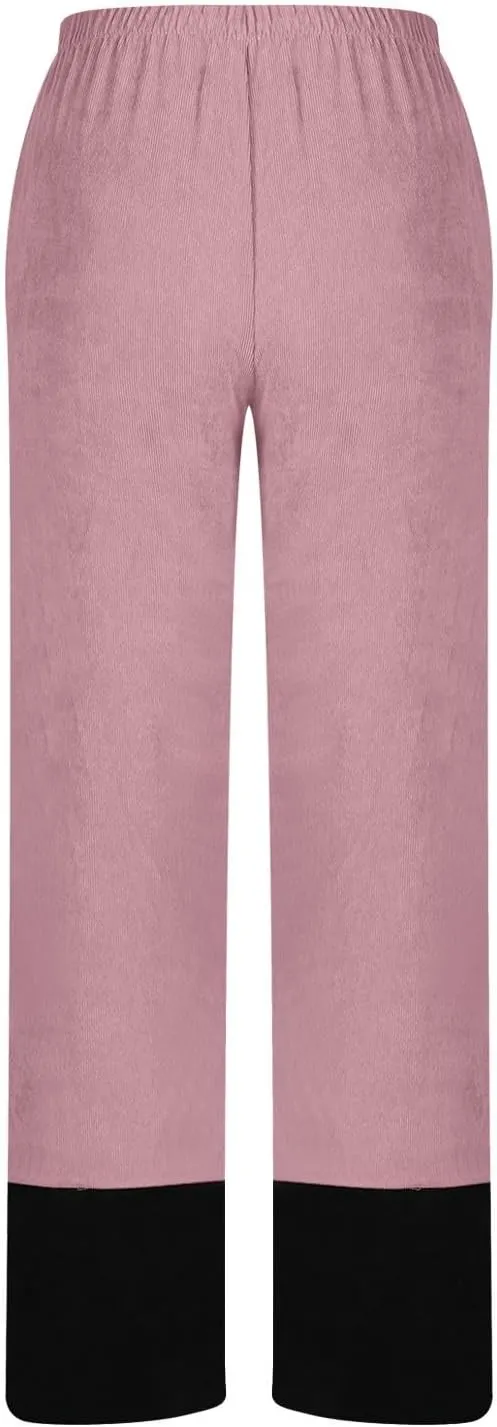 Women Baggy Corduroy Pants Loose Fit High Waist Fall Pant Elastic Waist Color Block Trousers Comfy Slit Slacks
