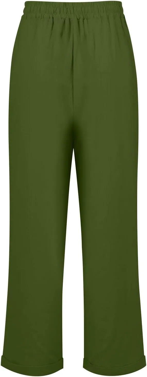 Women Linen Pants Casual Loose Elastic Waistband Boho Cropped Palazzo Beach Pants Summer Outfits 2025