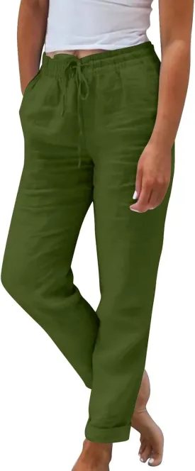 Women Linen Pants Casual Loose Elastic Waistband Boho Cropped Palazzo Beach Pants Summer Outfits 2025