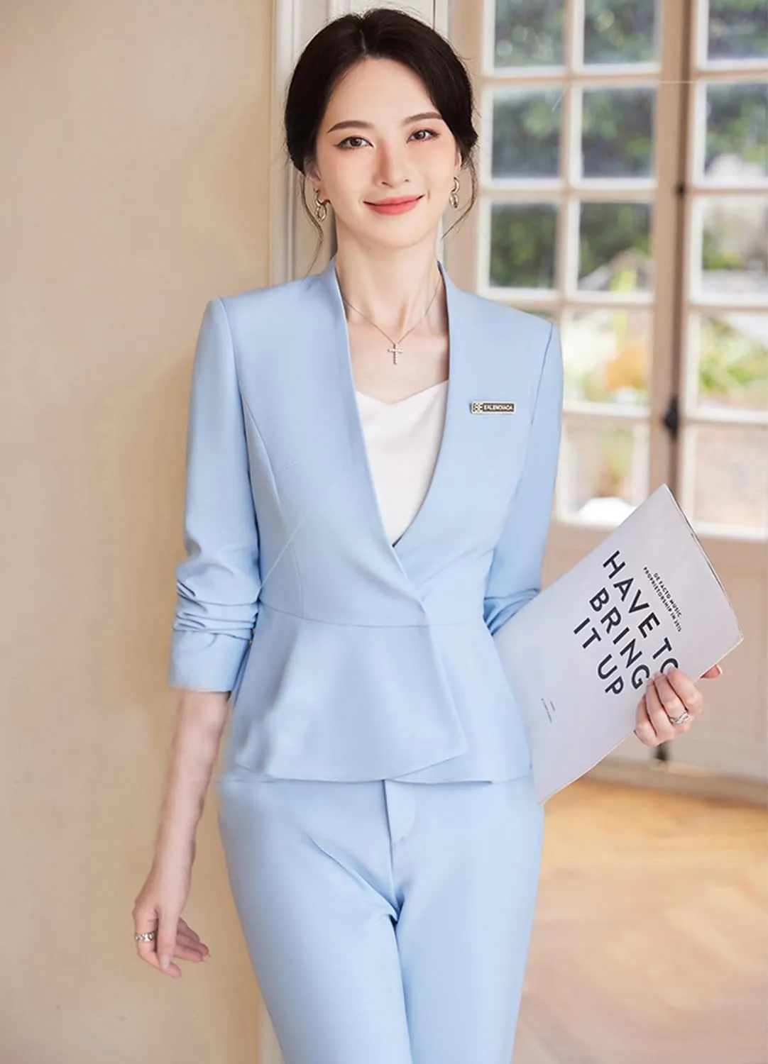 Women's 2-Piece Office Lady Business Suit Set Slim Fit Peplum Jacket & Pants