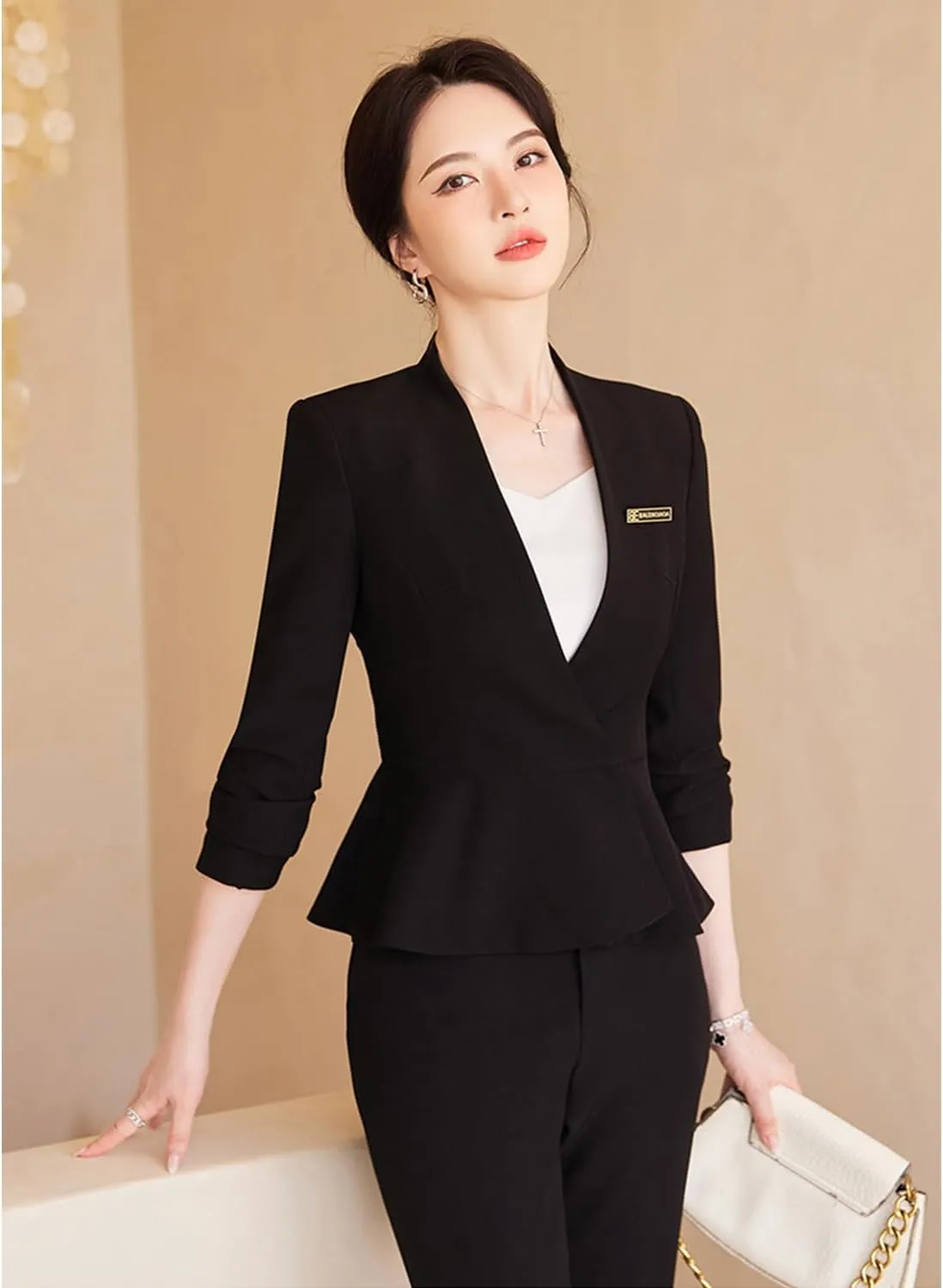 Women's 2-Piece Office Lady Business Suit Set Slim Fit Peplum Jacket & Pants