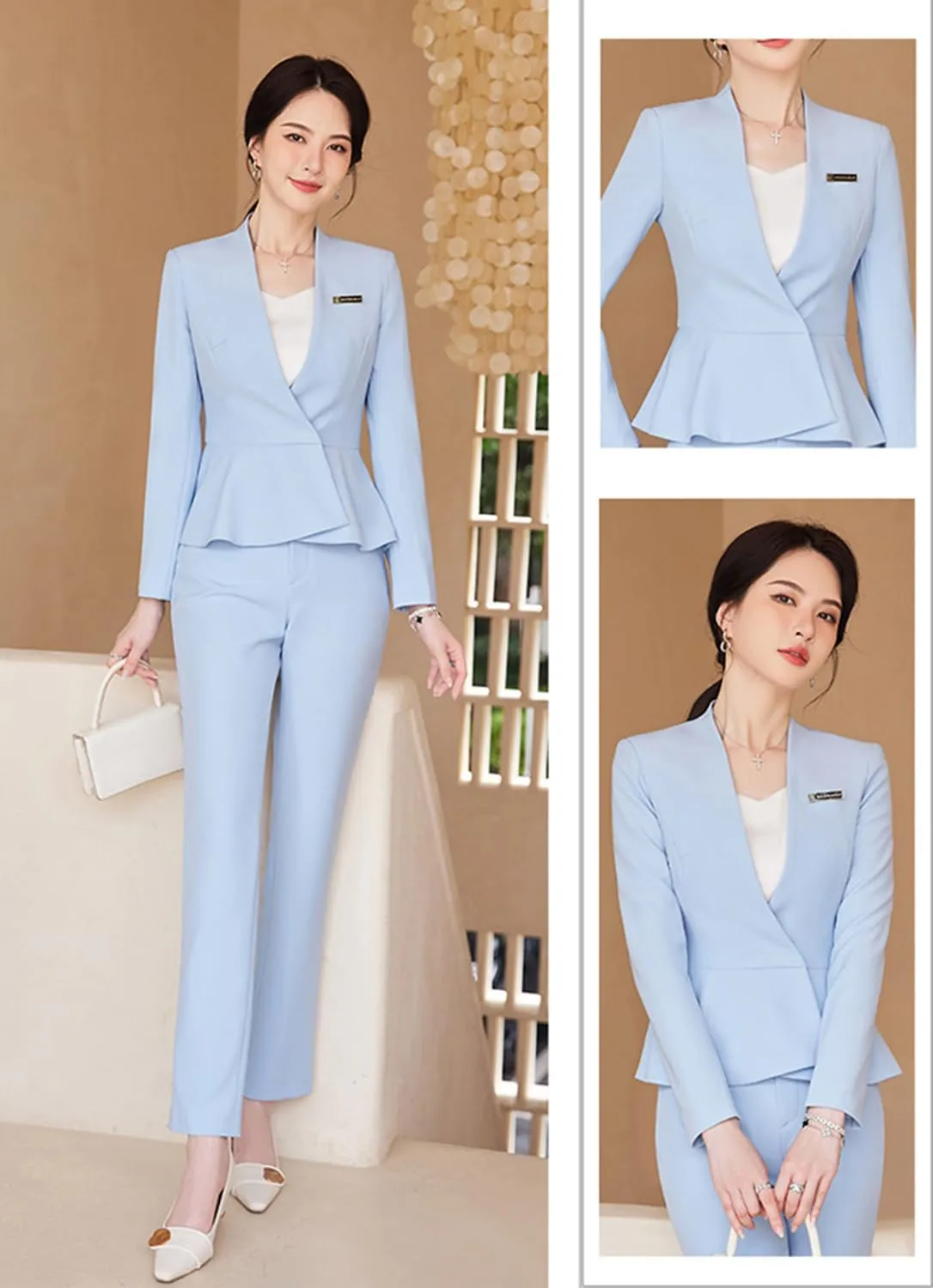Women's 2-Piece Office Lady Business Suit Set Slim Fit Peplum Jacket & Pants
