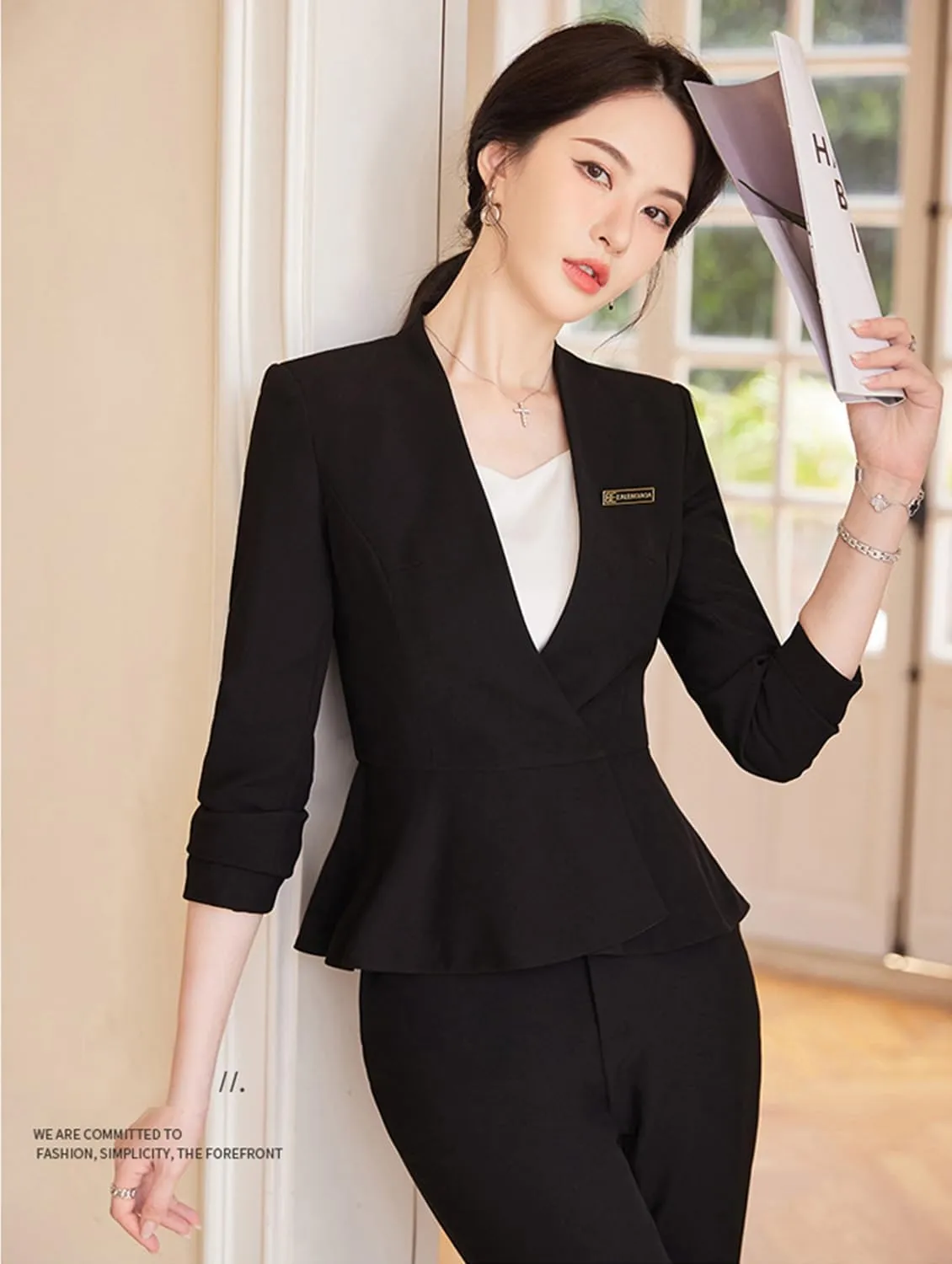 Women's 2-Piece Office Lady Business Suit Set Slim Fit Peplum Jacket & Pants