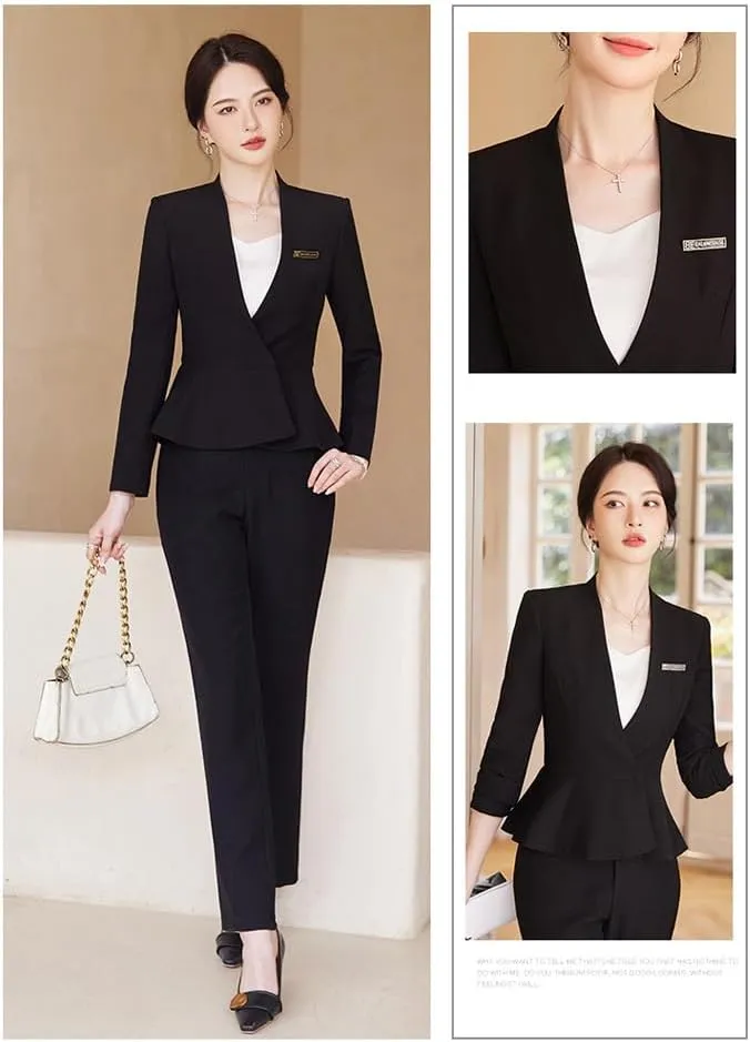 Women's 2-Piece Office Lady Business Suit Set Slim Fit Peplum Jacket & Pants