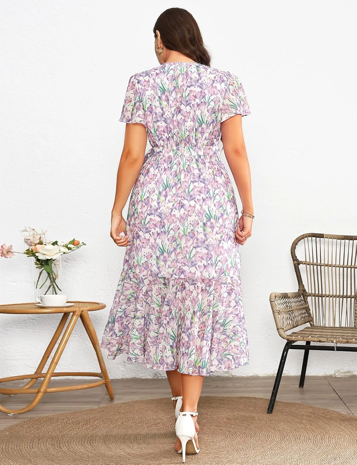 Women’s 2025 Floral Summer Dress Wrap V Neck Plus Size Boho Belted Ruffle Hem Flowy Maxi Dresses