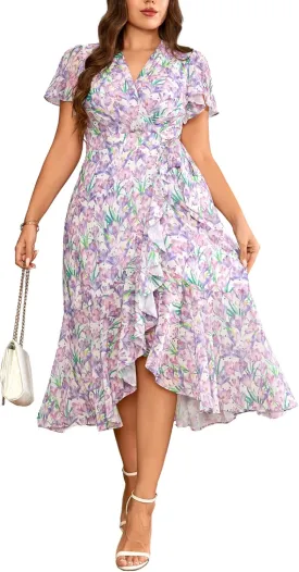 Women’s 2025 Floral Summer Dress Wrap V Neck Plus Size Boho Belted Ruffle Hem Flowy Maxi Dresses