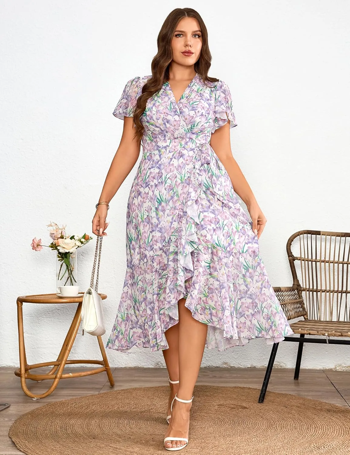Women’s 2025 Floral Summer Dress Wrap V Neck Plus Size Boho Belted Ruffle Hem Flowy Maxi Dresses