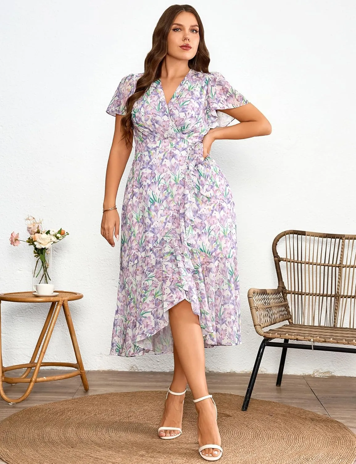 Women’s 2025 Floral Summer Dress Wrap V Neck Plus Size Boho Belted Ruffle Hem Flowy Maxi Dresses