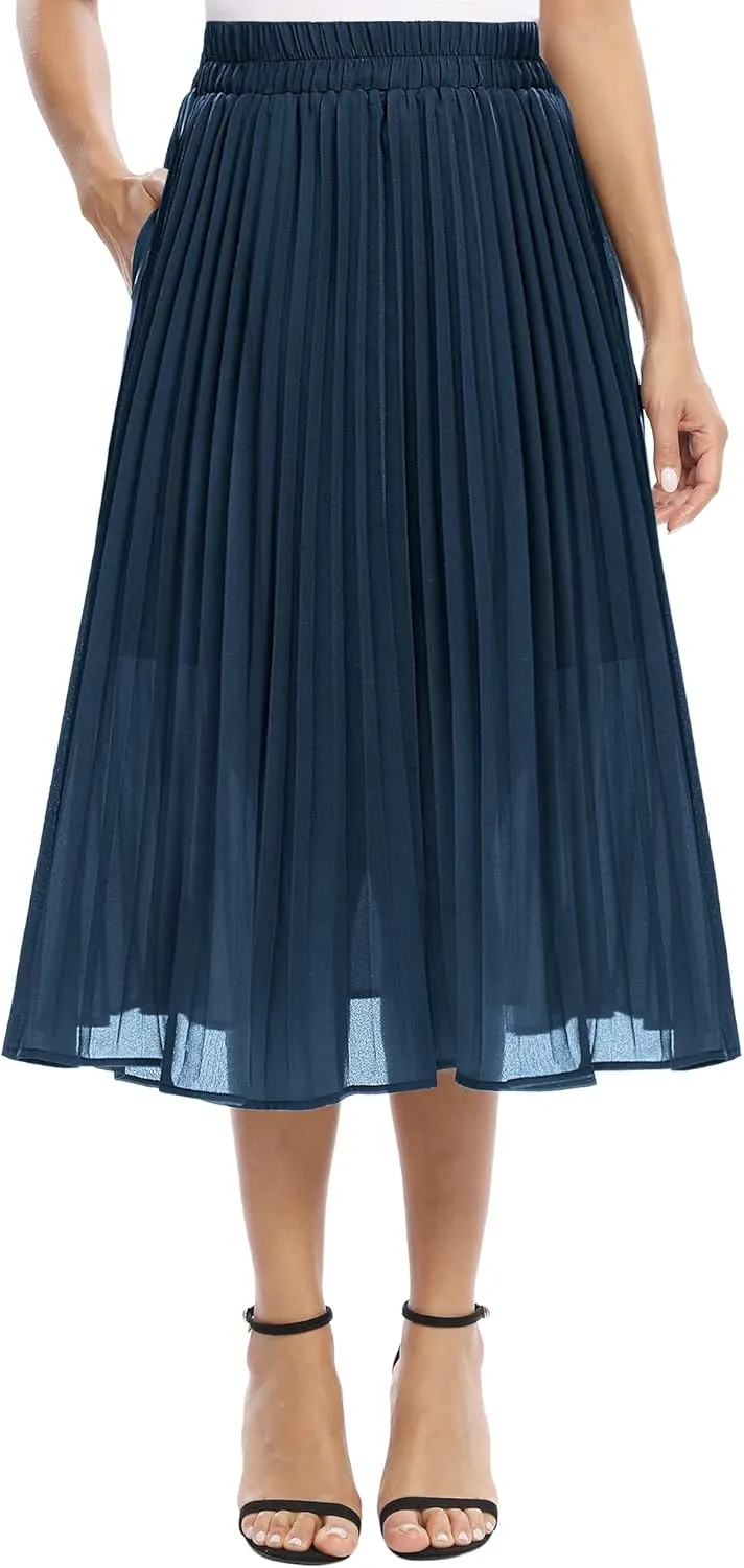 Women's Casual Chiffon Elastic Waist A-Line Pleated Midi Skirt with Pockets