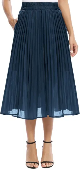 Women's Casual Chiffon Elastic Waist A-Line Pleated Midi Skirt with Pockets