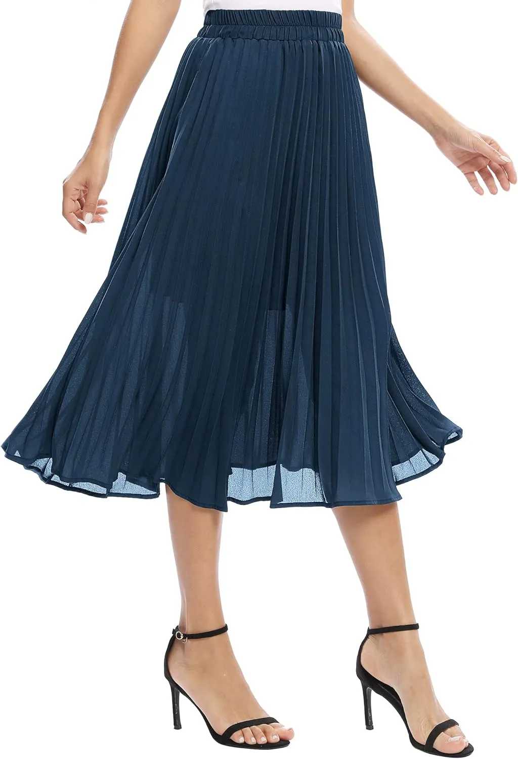 Women's Casual Chiffon Elastic Waist A-Line Pleated Midi Skirt with Pockets