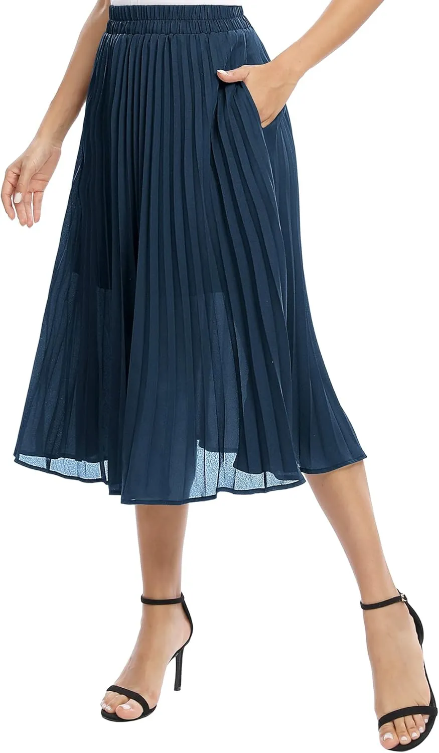 Women's Casual Chiffon Elastic Waist A-Line Pleated Midi Skirt with Pockets