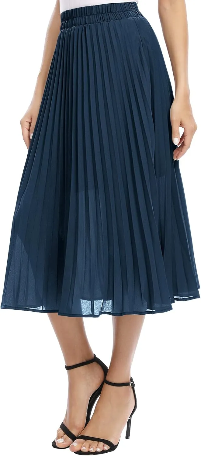 Women's Casual Chiffon Elastic Waist A-Line Pleated Midi Skirt with Pockets