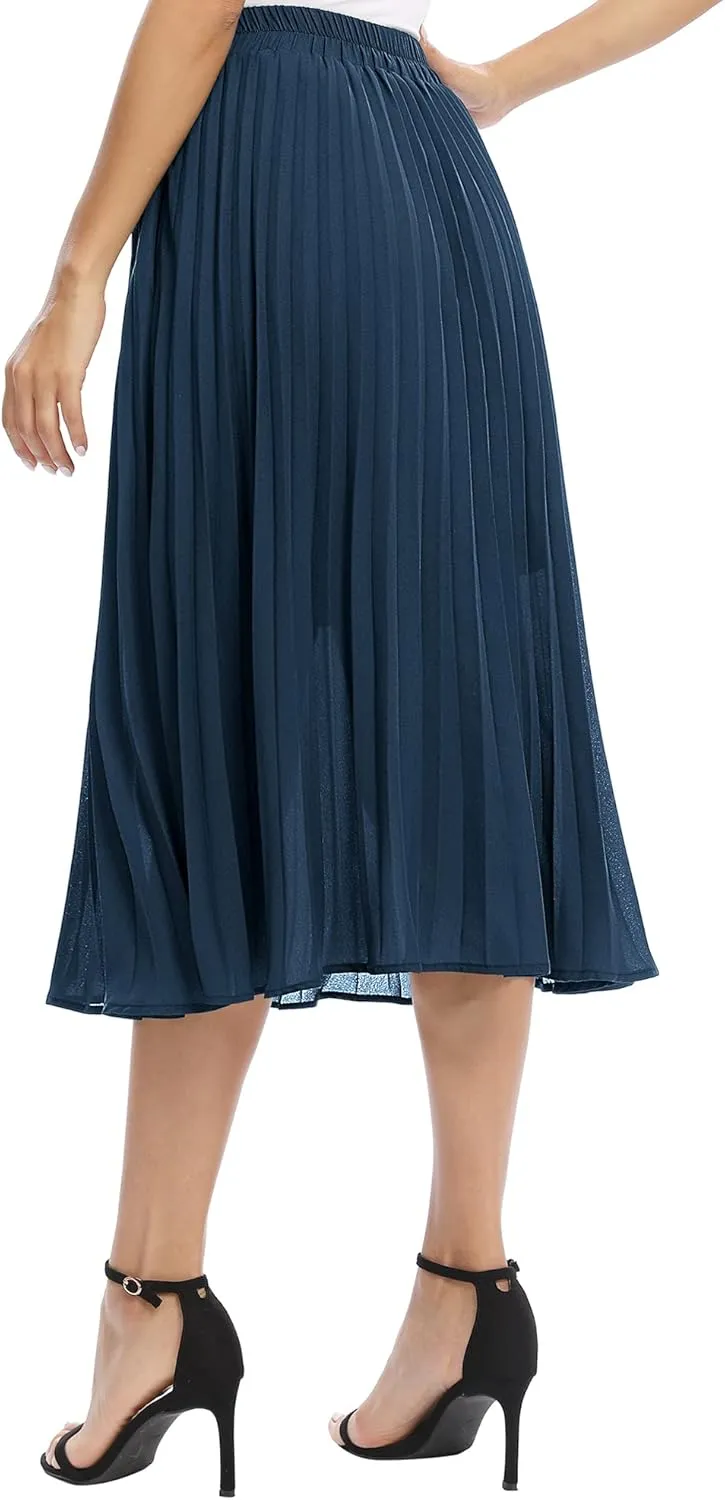 Women's Casual Chiffon Elastic Waist A-Line Pleated Midi Skirt with Pockets