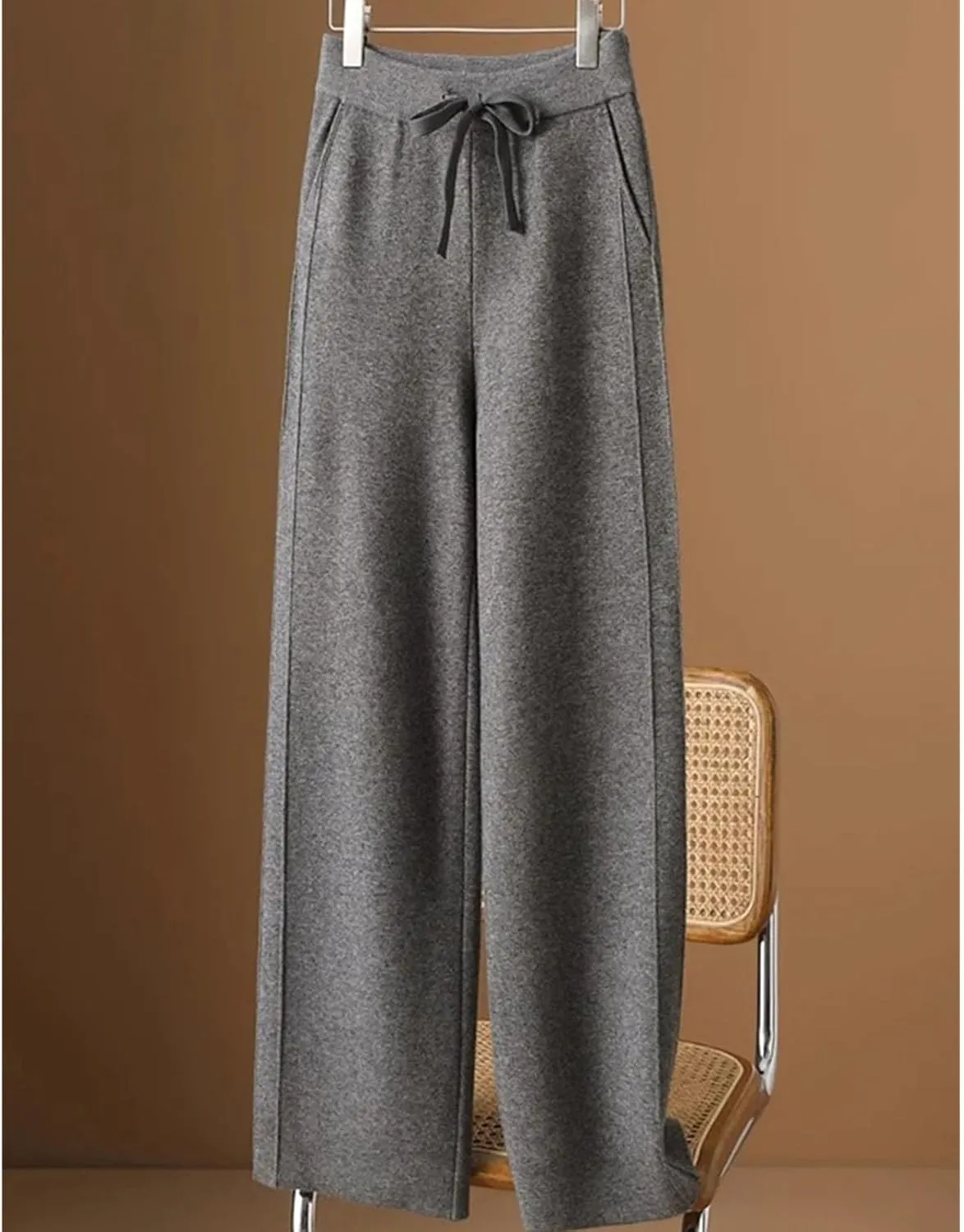 Women's Casual Loose Straight Leg Drop Mop Pants Knitted Wool Wide Leg Trousers Woolen Trousers