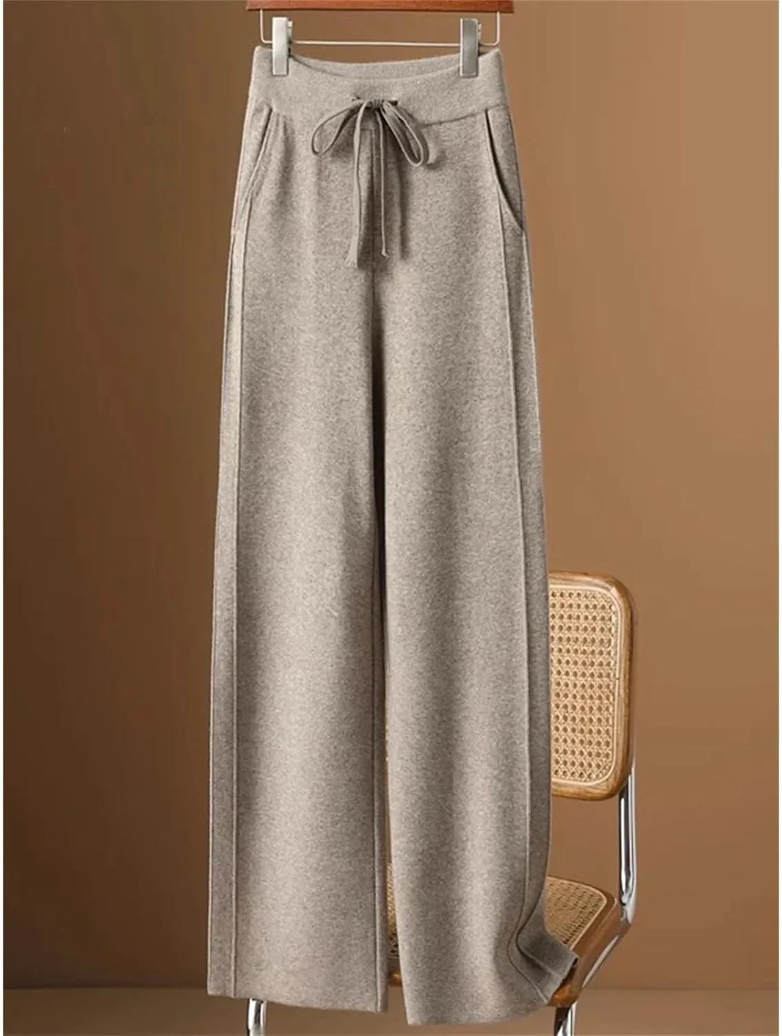 Women's Casual Loose Straight Leg Drop Mop Pants Knitted Wool Wide Leg Trousers Woolen Trousers