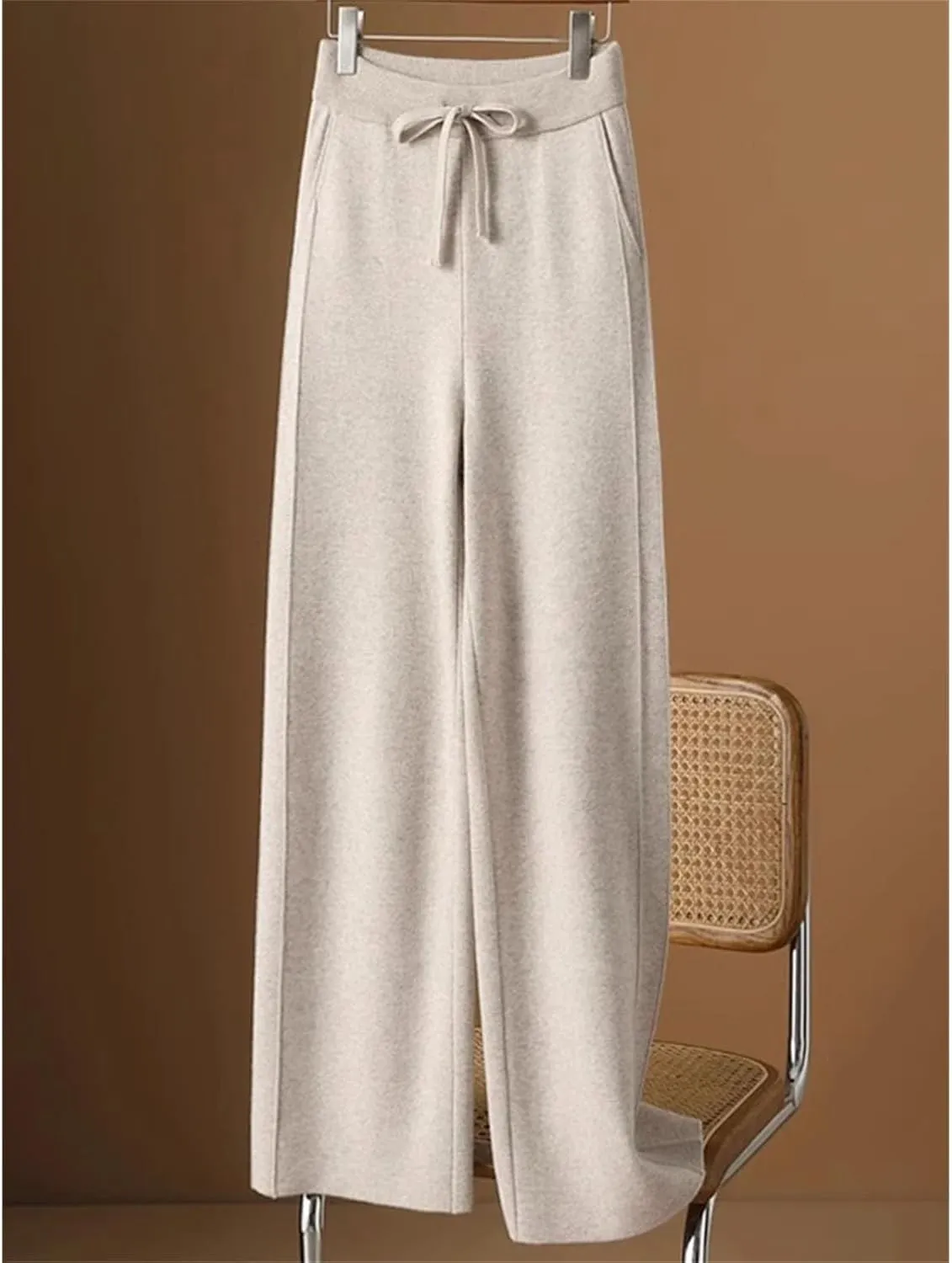 Women's Casual Loose Straight Leg Drop Mop Pants Knitted Wool Wide Leg Trousers Woolen Trousers