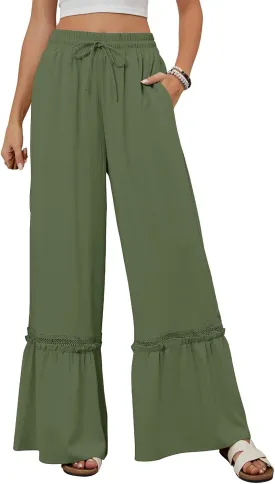 Womens Casual Pants Trendy High Waisted Wide Leg Pant Summer Flowy Baggy Drawstring Ruffle Leg Trousers with Pockets
