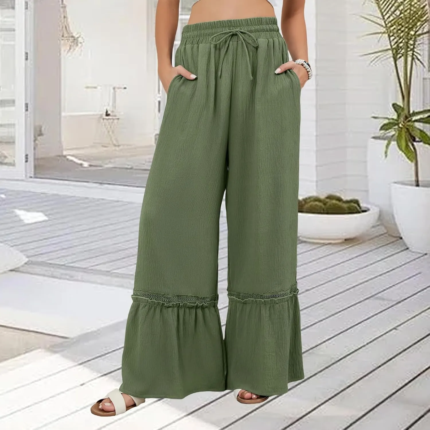 Womens Casual Pants Trendy High Waisted Wide Leg Pant Summer Flowy Baggy Drawstring Ruffle Leg Trousers with Pockets